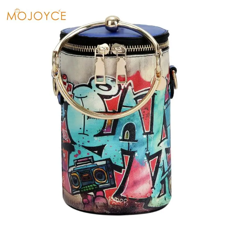 

Graffiti Women Round Handle Leather Cylindrical Messenger Shoulder Handbags