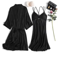 Банный халат, мини-платье для сна, комплект из 2 предметов, Женский Осенний Атласный халат и платье, нижнее белье с коротким рукавом, Новое поступление, одежда для сна, lounge