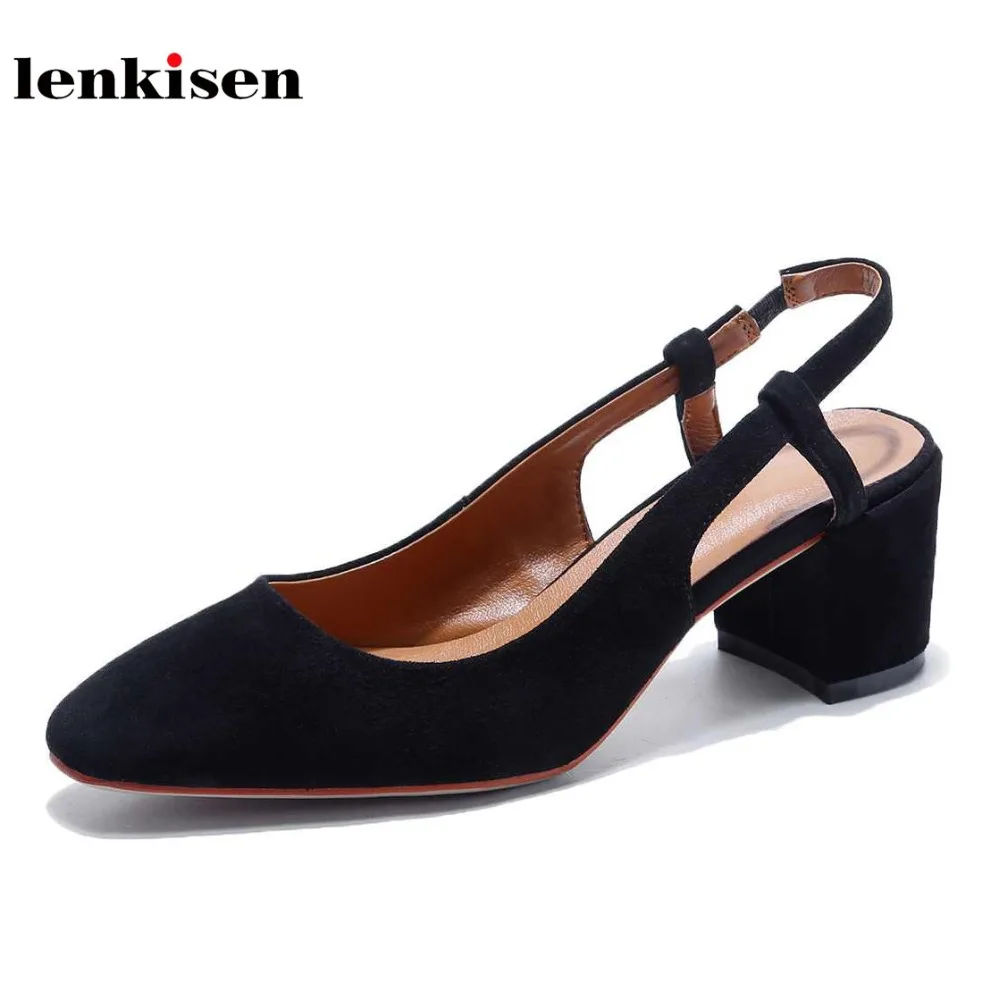 

Lenkisen sheep suede high heels slingback elastic band summer shoes concise style solid shallow high fashion women pumps L6f1