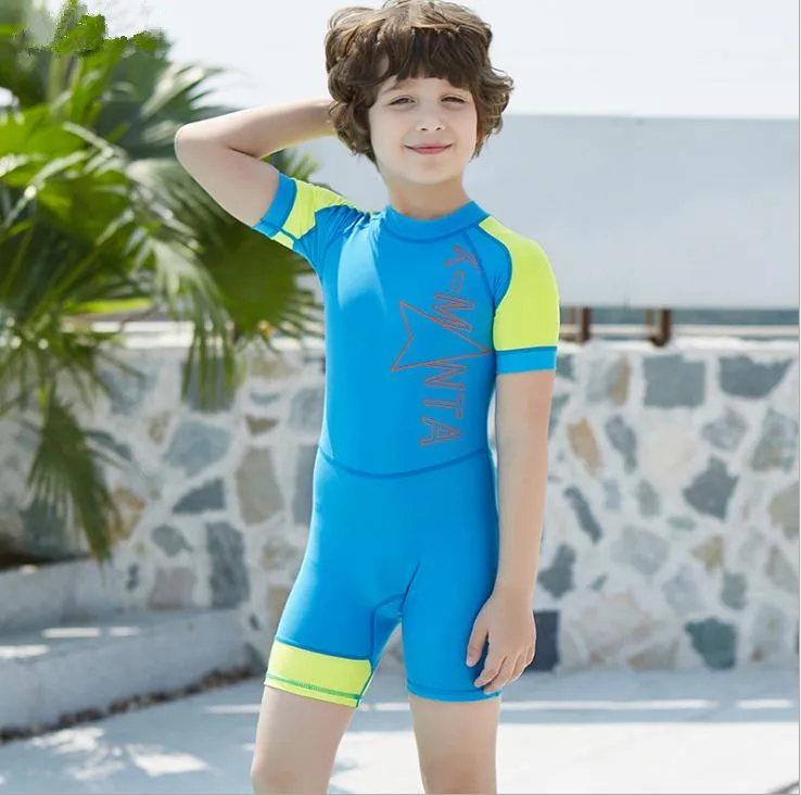 Boys' Short Sleeve Full Body Rash Guard Back Zipper One Piece Swimwear