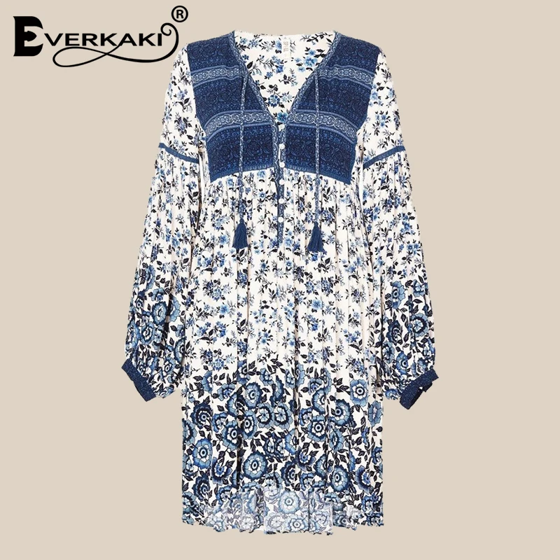 Goedkoop Everkaki Vrouwen Lente Lange Mouwen Stiksels Bloemen Gedrukt Dames Diepe V Bohemian Knielange Jurk Vestidos 2018