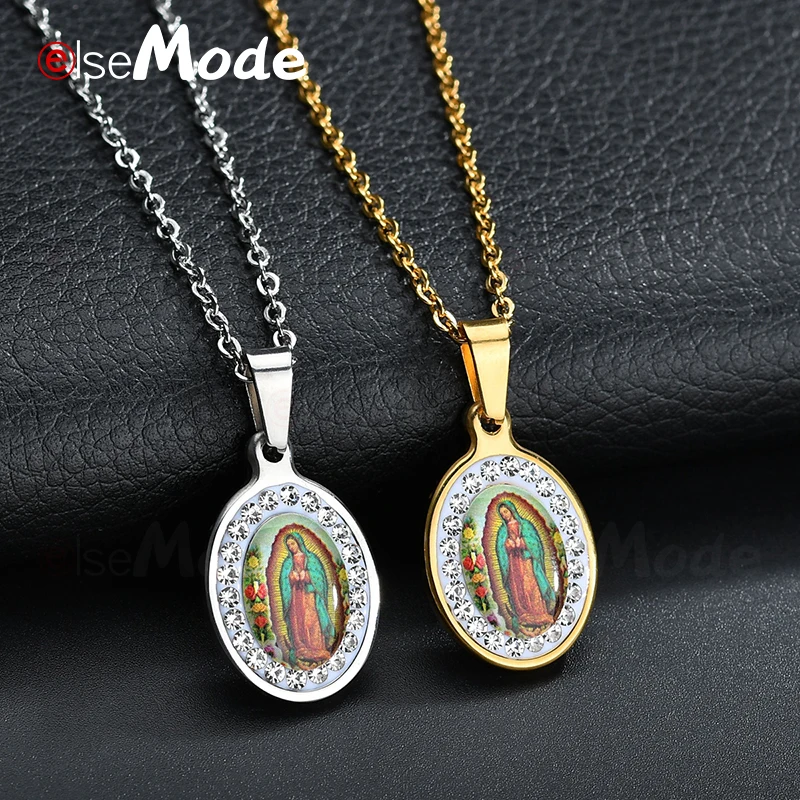 

ELSEMODE Cubic Zirconia Virgin Mary Pendants Necklaces for Women Gold Color Stainless Steel Art Picture Catholic Jewelry