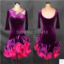 Латинской Танцевальный костюм платье для выпускного розовая махровая элегантное, с рукавом до локтя Платье для латино-американских танцев со стразами платье