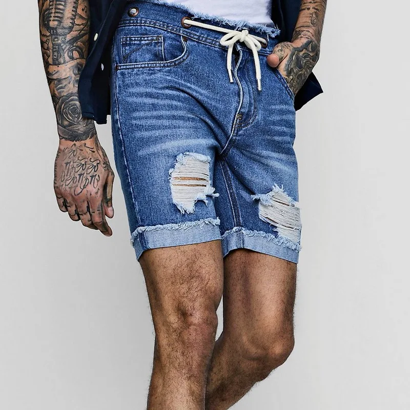 

MJARTORIA 2019 Casual Male Drawstring Ripped Distressed Slim Fit Summer denim men bermuda jogger tight ripped denim short Jeans