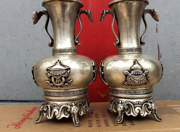 

xd 001834 Bronze coated silver tibetan 8 lucky symbol ruyi statue flower tabletop Vase