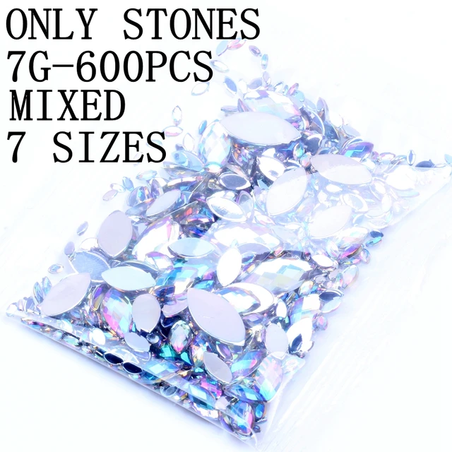 7G 600PCS 7 Sizes Acrylic Rhinestones Eye Shape Crystal AB Flat Back Nail Rhinestone 3D Non HotFix Nail Art Decoration DIY Tool Packing Mixed