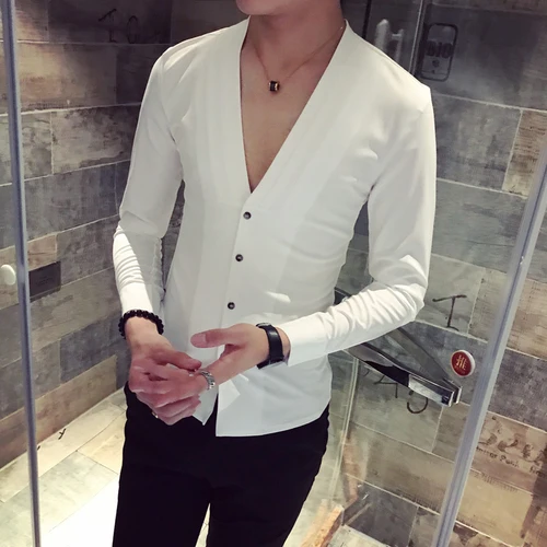 Новые модные мужские рубашки с v-образным вырезом, белые, винно-красные, черные, приталенные элегантные мужские рубашки, Размер 3XL - Цвет: Белый