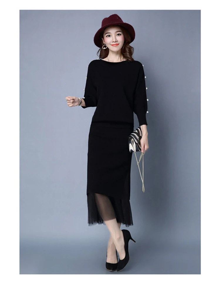 black color knitting beading sweater and lace skirt suit women (1)