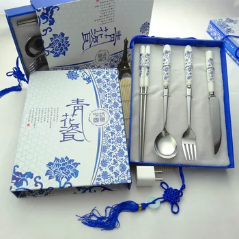 

Blue and white stainless steel portable porcelain business gift set piece ceramic knife fork set