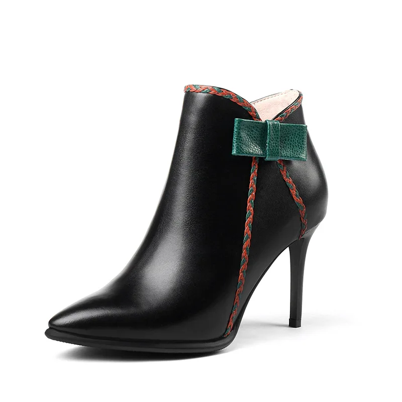 Phoentin/Сапоги на шпильках из натуральной кожи; коллекция года; женские ботильоны с острым носком на высоком каблуке 8 см с бантом-бабочкой; женская обувь зеленого цвета; FT599 - Цвет: Черный