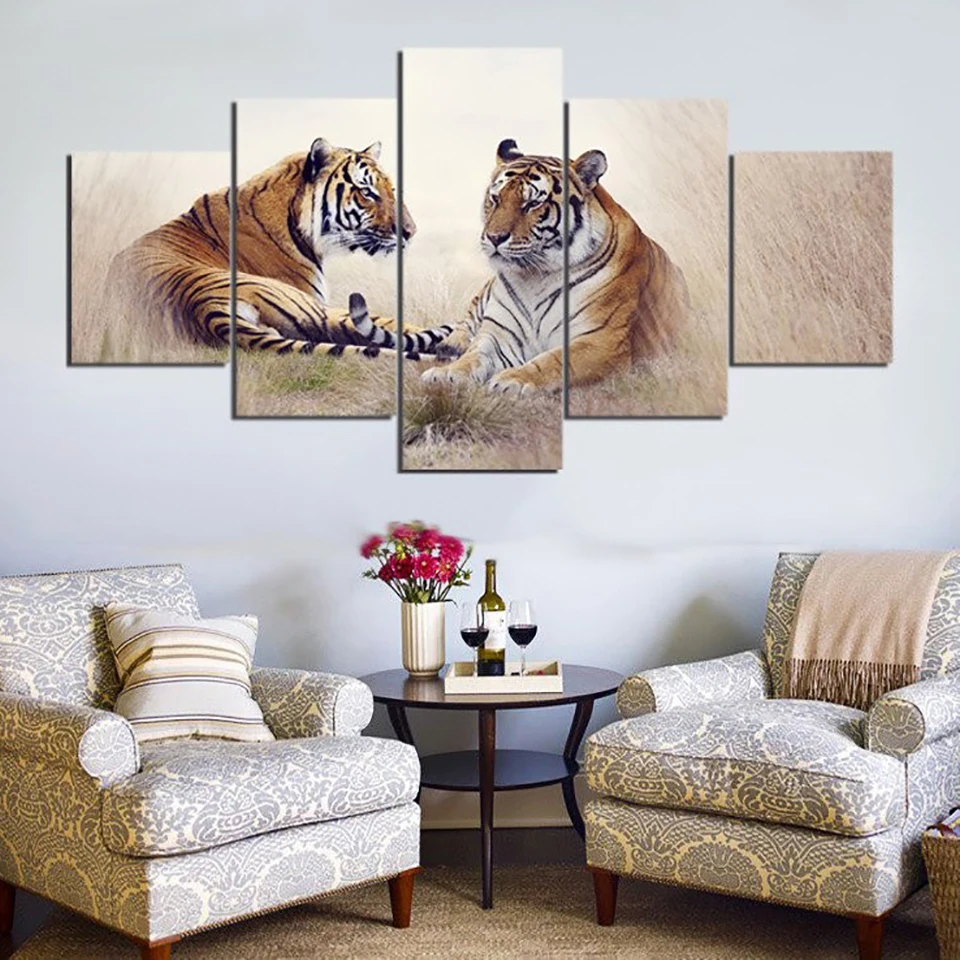 Living Room Wall Art Home Decoration Pictures HD Printed 5 Panel Grassland Tigers Modern Painting On Canvas Posters Framework | Дом и сад