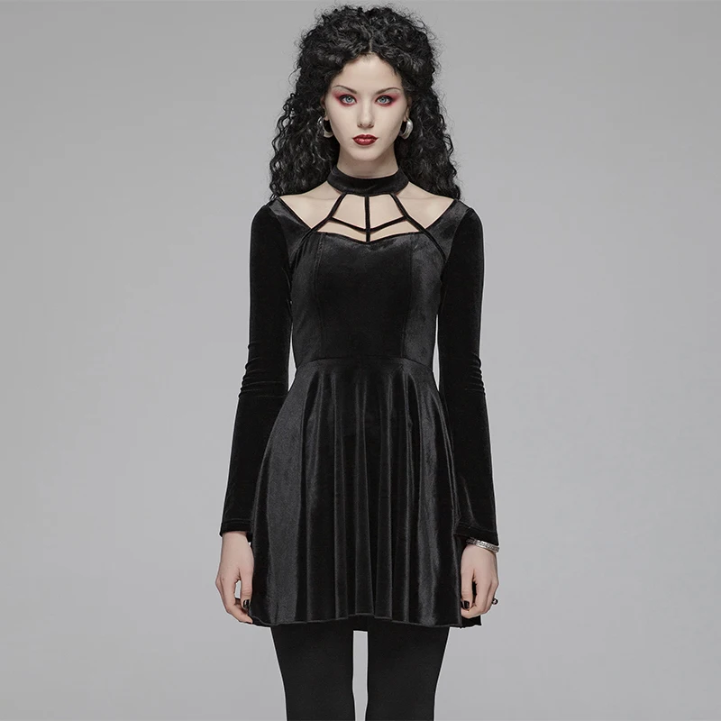 

PUNK RAVE Women Gothic Daily Velvet Dress Fashion Long Sleeve Steampunk Retro Dress Evening Party Women Sexy Dress