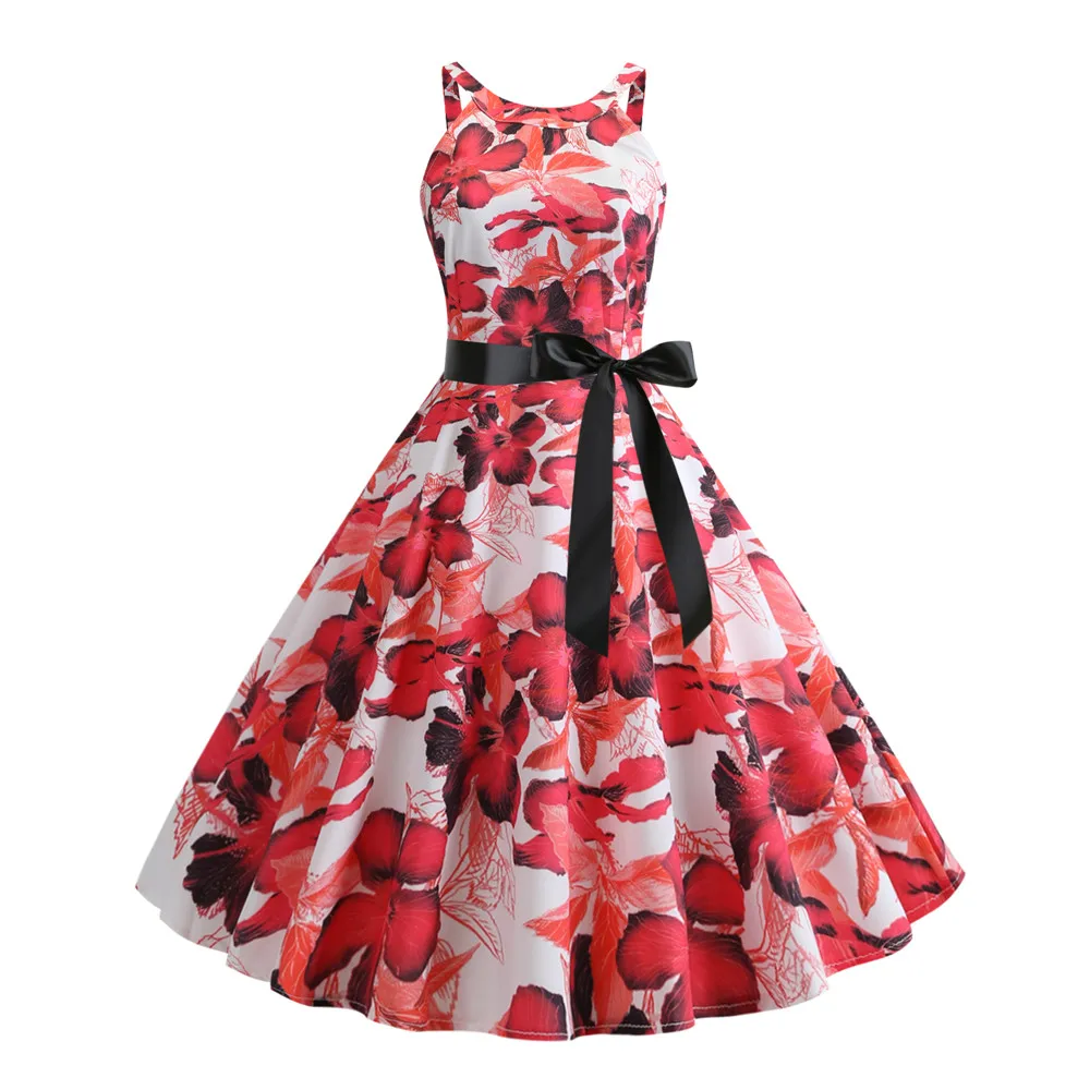 

Plus Size Women Floral Skull Print Off Shoulder Sexy Halter Dress Retro Vintage Hepburn Style 2019 New Pin Up Rockabilly Vestido
