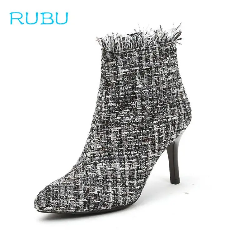 

Fahsion Women Boots Black Sexy Thin Heel 8cm Ladies Boots Pointed Toe Slip on Houndstooth Side Zipper Ankle Boots