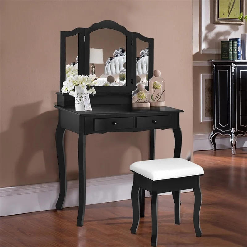 Us 157 87 30 Off 4 Drawers Wood Mirrored Vanity Makeup Desk Storage Dressing Table With Stool Bedroom Dresser Furniture Sets Hw56232 In Dressers
