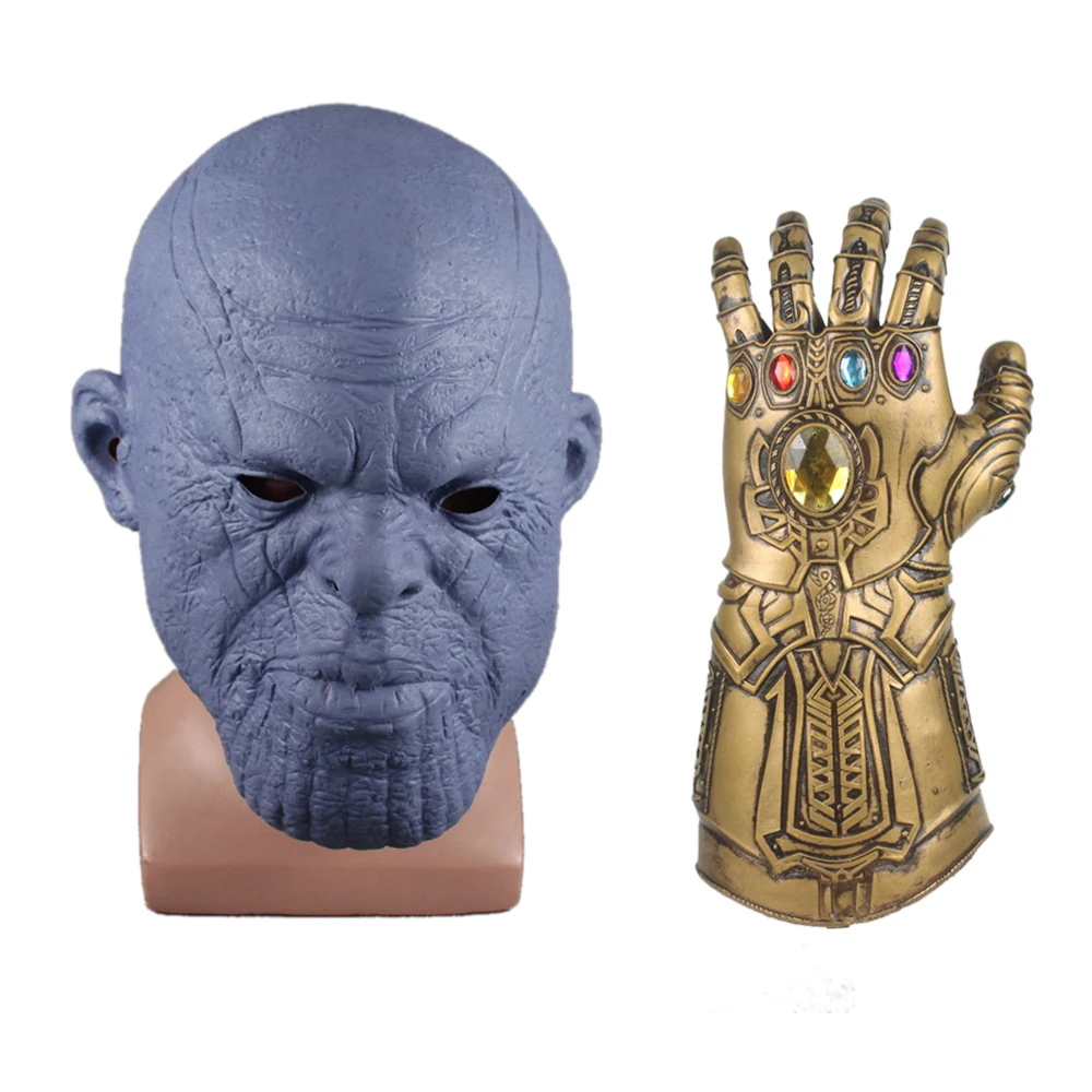 

2018 Movie Avengers 3 Infinity War Thanos Cosplay Face Mask Helmet Gloves Hands Gauntlet Superhero Latex Party Halloween Props