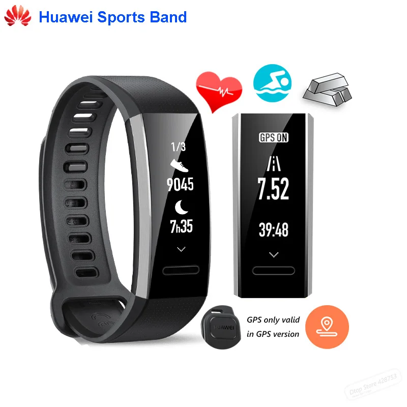 

Original Huawei Sports Band 2 Smart Wristband Alloy Swimmable 5ATM 0.91" OLED Touchpad GPS Heart Rate Monitor Push Message