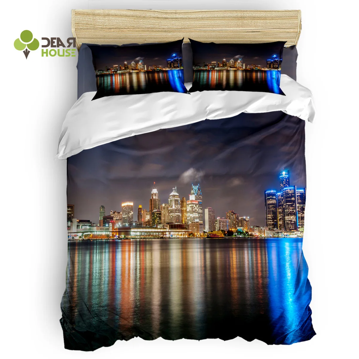 

Dear House Duvet Cover Set Nightscape of American Cities Duvet Cover 4 Piece Bedding Set
