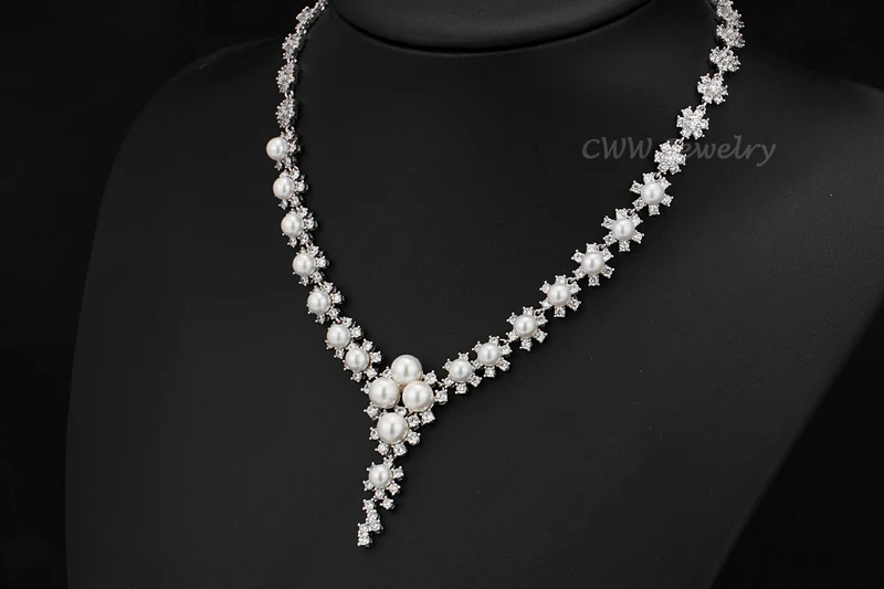 CWWZircons High Quality Round CZ Stones Setting Large Pearl Dorp Earrings And Necklace Jewelry Sets For Wedding T249|jewelry sets|quality jewelry
