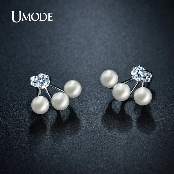 UMODE White Gold Color Pearl Stud Earring for Women Double Sided Simulated Pearl Earrings Jewelry Fashion Brinco AJE0255B