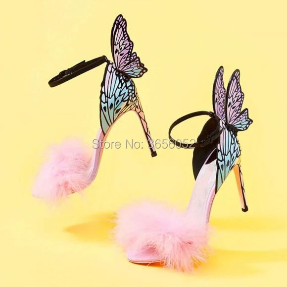 Papillon Plume Sandalias Haute Femmes Qianruiti Talons D'été Chaussures Dames Pic Doux Multicolore Ailes As Rose Mujer Fourrure Sandales Mince z6wq6YPrf