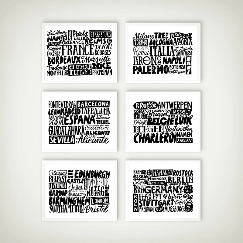 

France Italy Spain Belgium German Cities Hand Drawn Lettering Posters United Kingdom of Great Britain City Typographic Prints