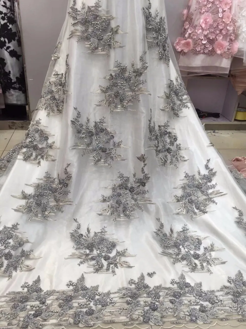 

Latest 2018 Tulle Lace Fabric High Quality Guipure Lace Fabric With Beads Stones Paris Milan Party Dress