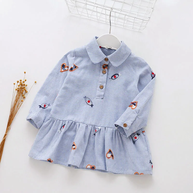 

spring new girls cartoon embroidery cotton striped long-sleeved dress