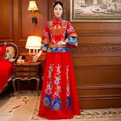 Китайский Стиль леди воротник-стойка Cheongsam классический Для женщин Qipao Vestidos древних вышивка цветок свадебное платье брак набор