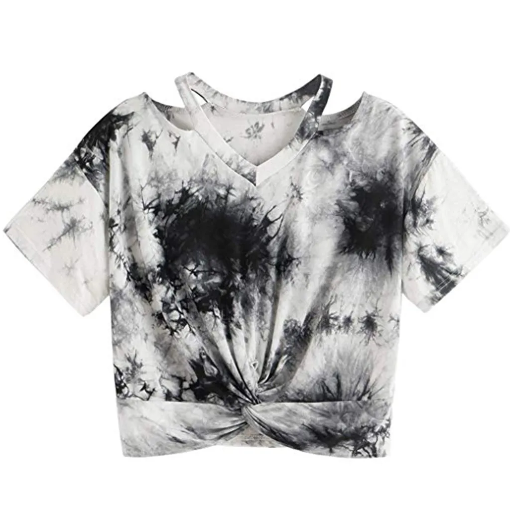 

Women Ladies Bow Tie Dye Print Short Tee Shirts Casual Short Sleeve V Neck Tshirts Sexy V Neck Cold Shoulder Streetwear Tops
