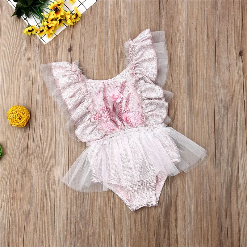 Sweet Baby Girls Lace Flower Romper 2019 Newborn Baby Girl Sleeveless Backless Romper Sexy Ruffles Mesh Jumpsuit Outfits Sunsuit Baby Bodysuits for girl 