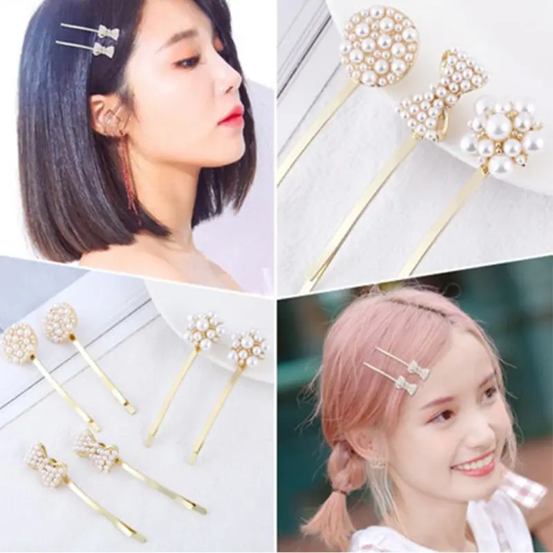 

Korean Metallic Glitter Gold One Word Hairpin Ladies Imitation Pearl Beaded Flower Hair Clip Wedding Side Bangs Styling Barrette