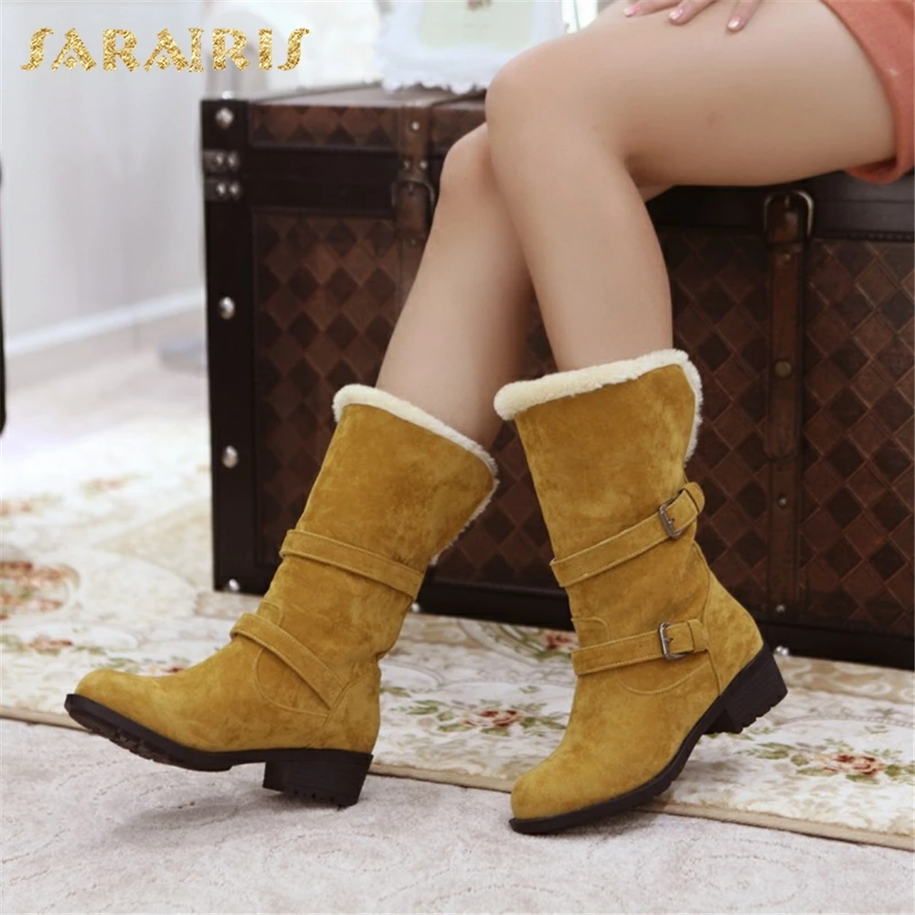 

SARAIRIS Mid Calf Boots Winter Shoes Woman Plus Sizes 34-43 Slip On Boots Women Shoes Chunky Heels Add Plush Black Snow Boots