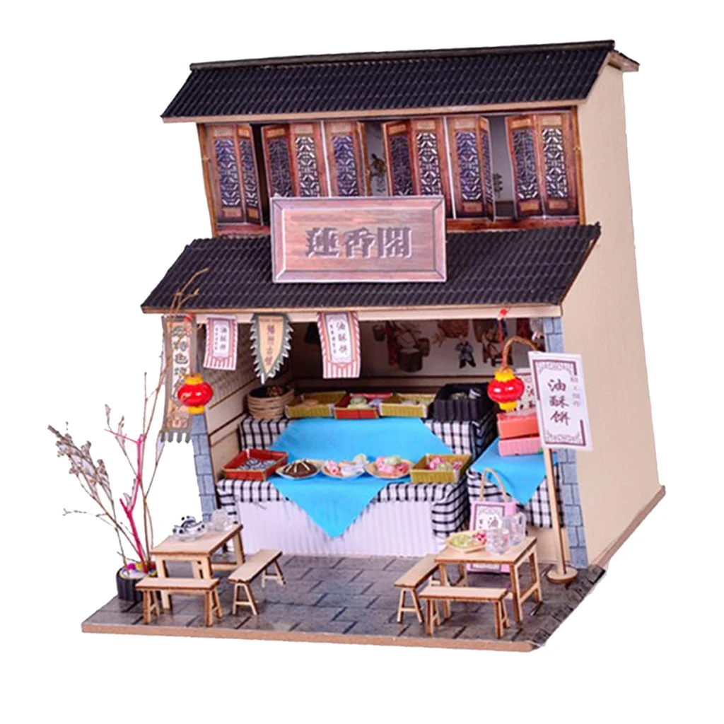 DIY Handcraft Miniature Project Wooden Dolls House Antique Snack Foods Shop Model Dollhouse Furniture LED Lights