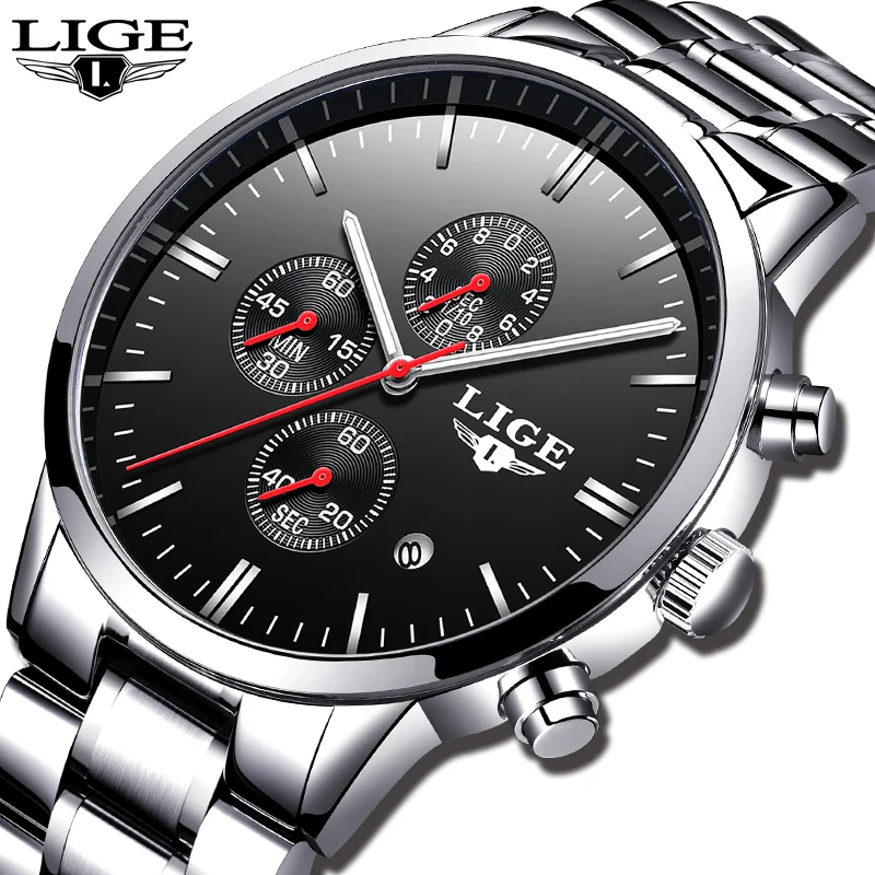 

LIGE Casual Fashion Mens Watches Military Sport Quartz Watch Men All Steel Chronograph Waterproof Clock Relogio Masculino + box