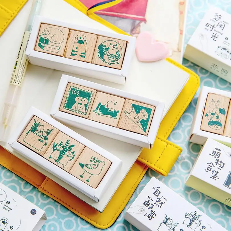 

3 pcs/lot cute Forest animal Cat decoration stamp wooden rubber stamps for scrapbooking stationery DIY craft standard stamp