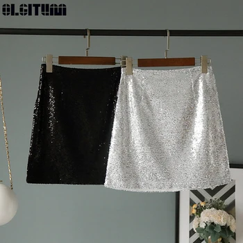 

OLGITUM Women Hong Kong Style Temperament Wild High Waist Slimming A Word Sequined Skirt Commuting Fashion Summer Female SK474