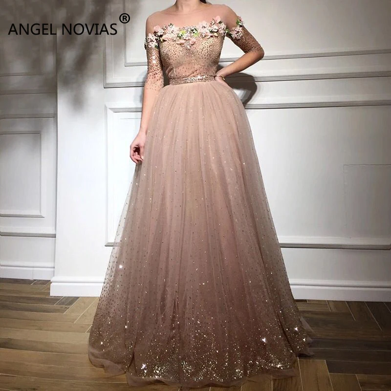 Вечернее платье ANGEL NOVIAS с блестками цвета шампанского Abendkleider в арабском Омане 2018