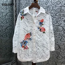 High Quality Brand Lace Blouse 2019 Spring Summer Fashion Lace Shirt Plus Size Women Turn-down Collar Floral Embroidery Lace Top High Quality Brand Lace Blouse 2019 Spring Summer Fashion Lace Shirt Plus Size Women Turn-down Collar Floral Embroidery Lace Top