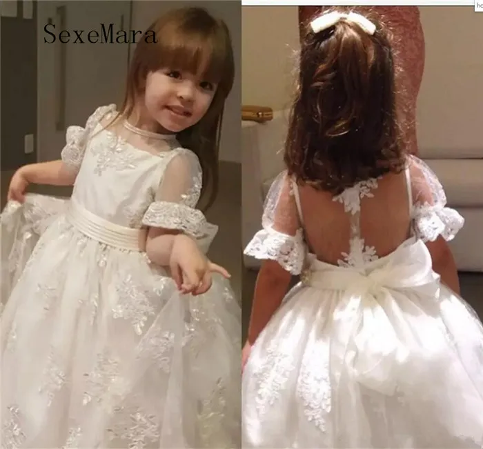 

Ivory Lace Flower Girls Dresses 2018 Cap Sleeves Appliques Beaded Sheer Kids Formal Wear Gowns for Wedding Party Girl Dress