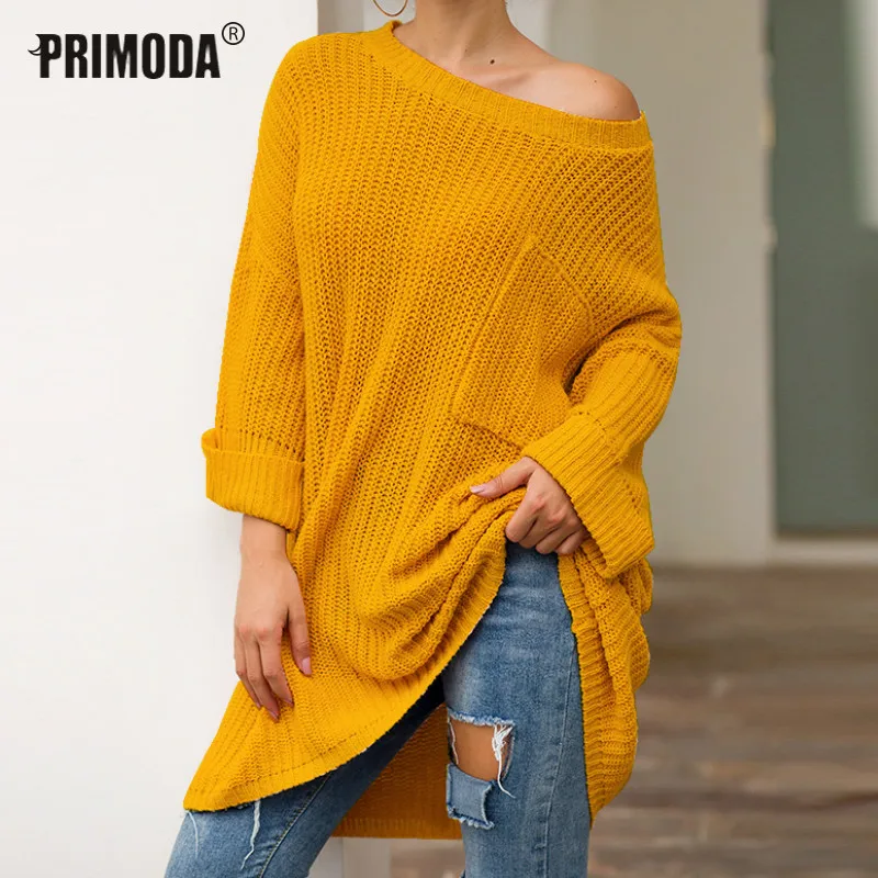 

Off Shoudler Loose Casual Women Sweaters Pullovers Autumn Winter Long Sweaters Ladies Lazy Style Sweater Pocket Outwears PR698G