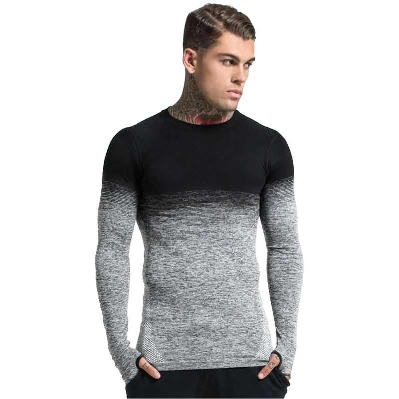 T Shirt Men Casual Fashion Long Sleeve Slim Fit Gradient Color O-Neck Summer Male Tee Tops EU Size M-3XL | Мужская одежда