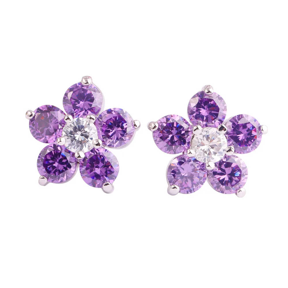 lingmei Women Fashion Flower Design Purple Stud Silver Color Earrings