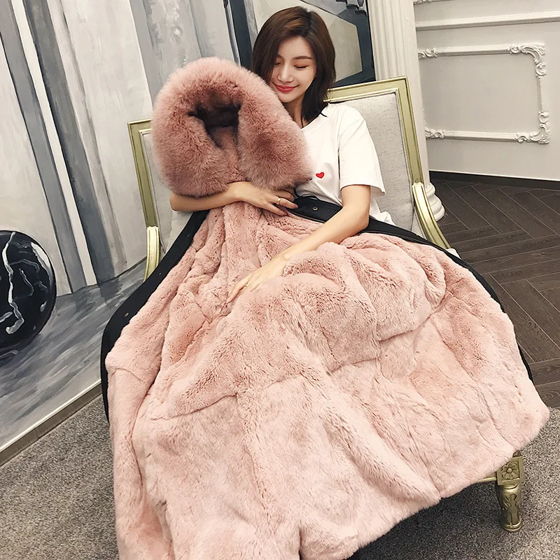 

Real Fur Coat Parkas Winter Jacket Women Rex Rabbit Fur Liner Fox Collar Ladies Long Outerwear