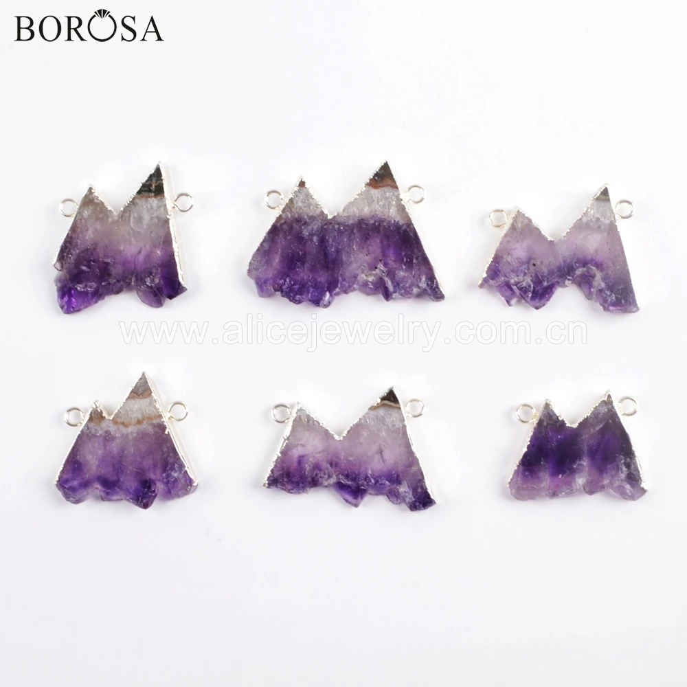 

BOROSA 5PCS Silver Electroplated Natural Amethysts Slice Connector Crystal Druzy Double Charms for Necklace Jewelry WX1069