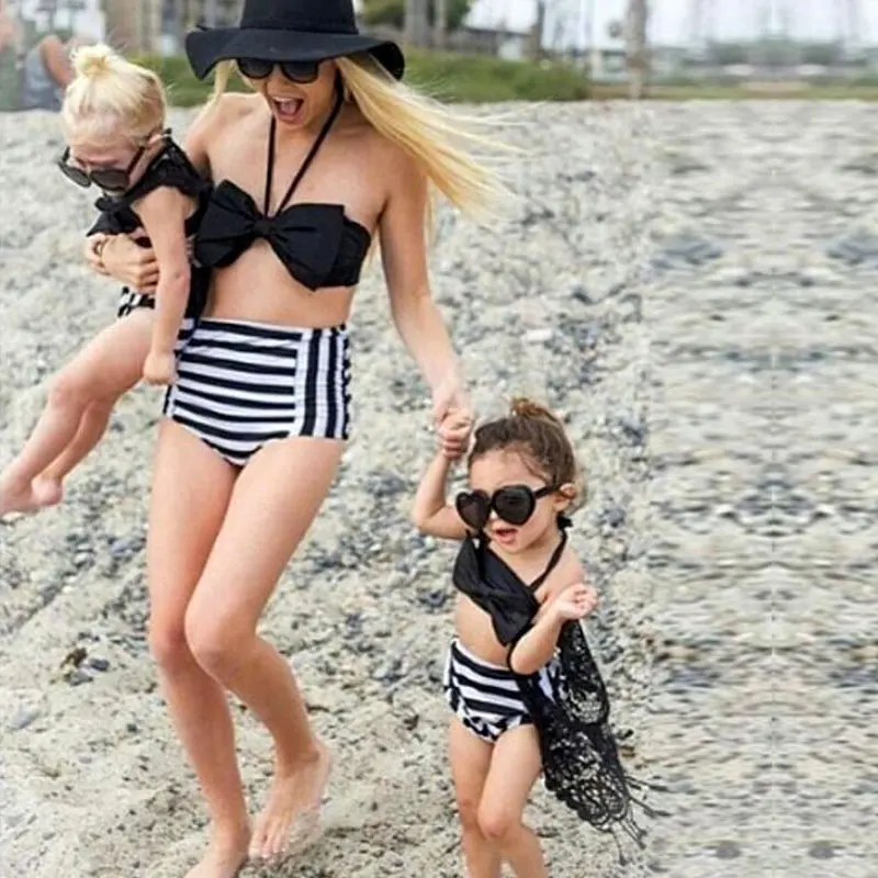 

Family Clothing New Mother Daughter Swimsuit Black Big Bow Bikini Striped Underpants Set Toddler Girls Bathing Suit Kids Clothes