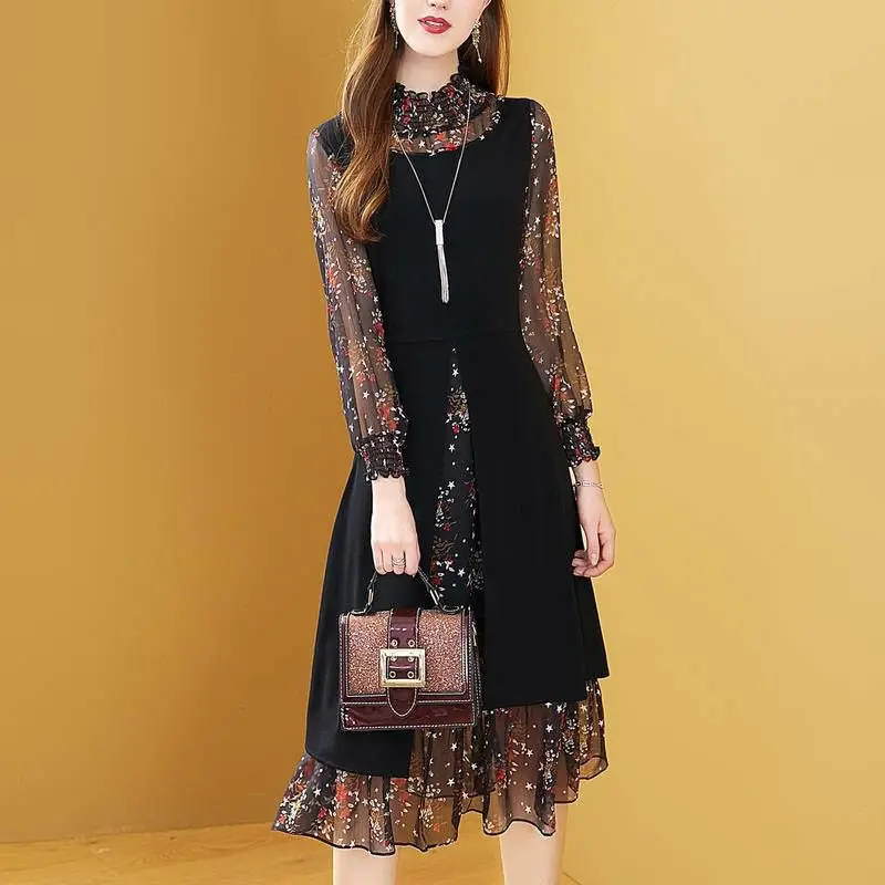 

2019 Spring Women Stand Loose cuffs Chiffon Dress Ladies Print Floral Patchwork Dresses Female Irregular Hem Dress Vestidos Z27