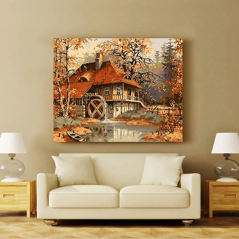 

paint by number art painting by numbers Scenic snow-capped countryside, mountain peaks, forest lodge, hunter's home, lakeside