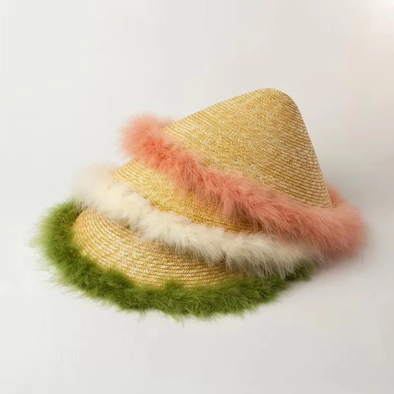 01909-HH7320 ручная тканая соломенная цветная перо бамбуковая моделирование шляп модная модель шоу Кепка Женская Досуг праздник пляж шляпа