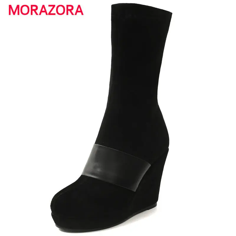 

MORAZORA big size slip on mid calf boots autumn winter stretch fabric+kid suede leather boots super high heel platform boots
